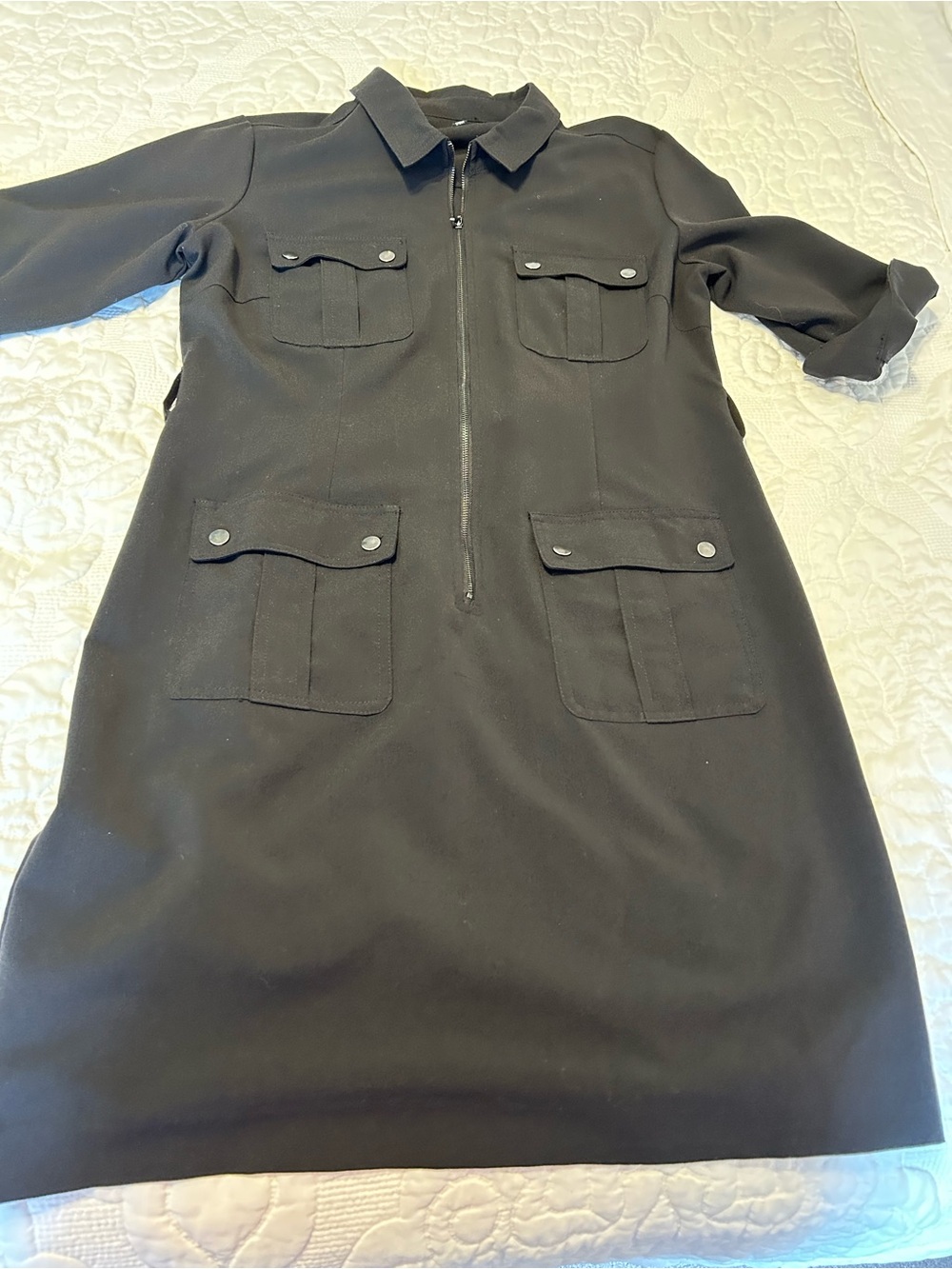 Sharagano Size 12 Black Utility Pocket Zip-Front Dress